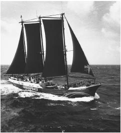 The Greenpeace ship, Rainbow Warrior, sailing up the St. George's Channel off the west coast of England. Photograph by Noble. Greenpeace. Reproduced by permission.)