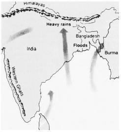 Each summer, warming air rises over the plains of central India, creating a low-pressure cell that draws in warm, moisture-laden air from the ocean. Rising over the Western Ghats or the Himalayas, the air cools causing heavy monsoon rains. (McGraw-Hill Inc. Reproduced by permission.) 