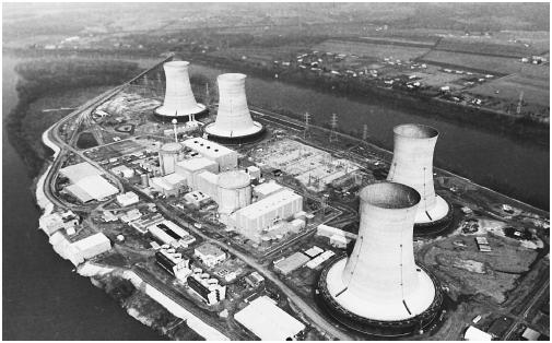 An aerial view of Three Mile Island Nuclear Reactor in Harrisburg, Pennsylvania. (AP/Wide World Photos. Reproduced by permission.)