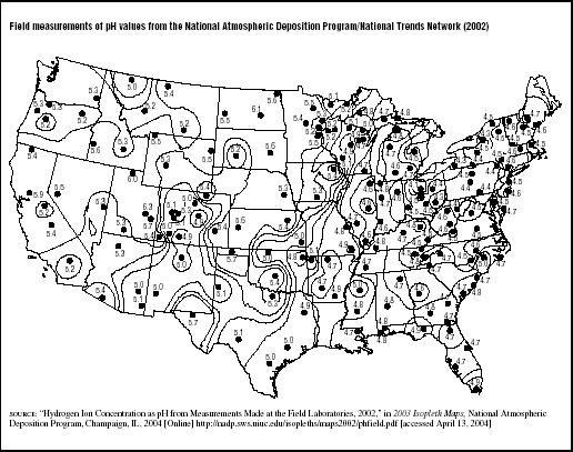 FIGURE 7.3 Field measurements of pH values from the National Atmospheric Deposition Program/National Trends Network (2002)