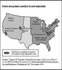 FIGURE 7.5 Forest ecosystems sensitive to acid deposition