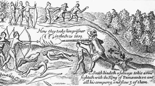 1607 illustration depicting the capture of Captain John Smith by Native Americans.