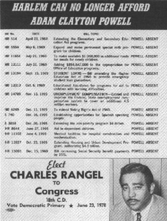 Campaign leaflet for Charles B. Rangel detailing Powell's absentee record in Congress. Rangel was Powell's opponent in the 1970 congressional elections.