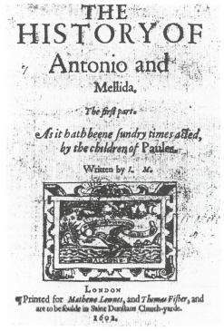 Title page of the 1602 edition of The History of Antonio and Mellida.