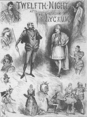 Sketch of Henry Irving as Maholio and Twelfth Night's supporting cast in Irving's 1884 production.