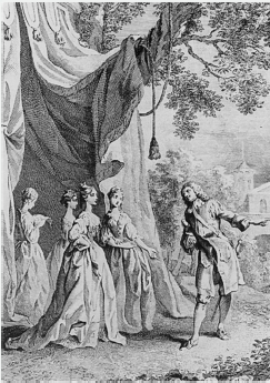 Act V, scene ii. Princess, Boyet, and Ladies. Frontispiece to the Hanmer edition by Francis Hayman (¡744).